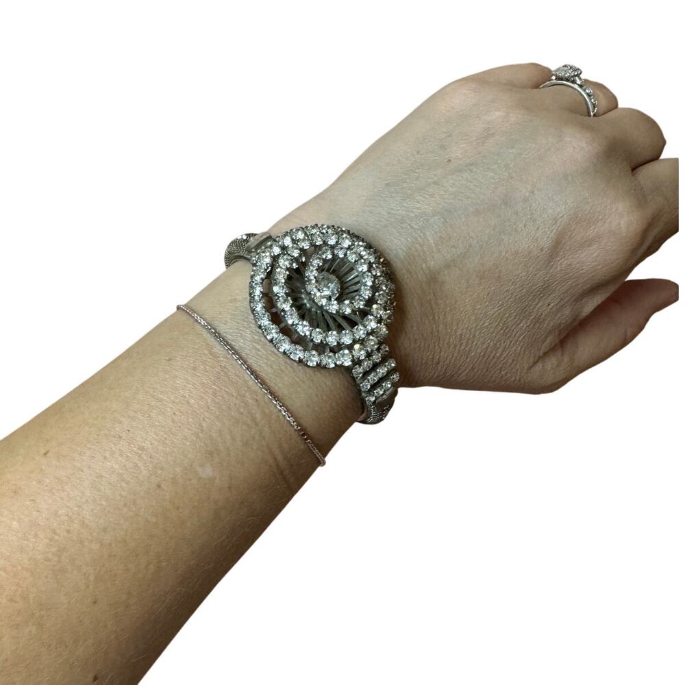 Art Deco Rhinestone Clamper Bangle Bracelet Silvertone Mesh Costume
